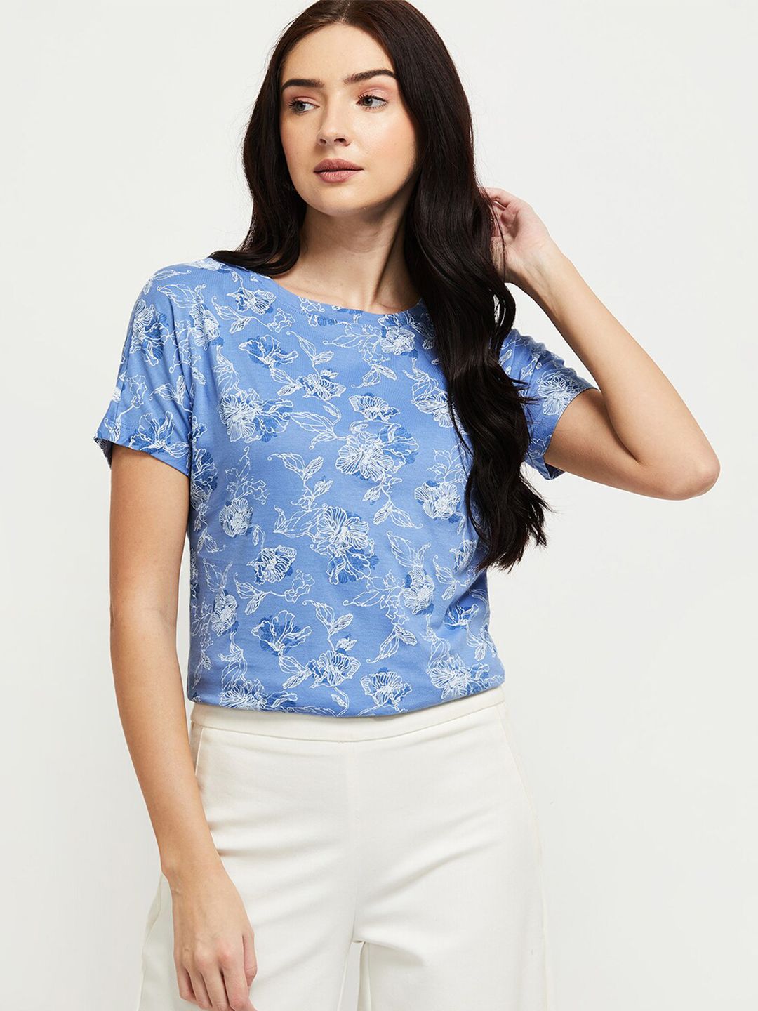 max Women Blue Floral Printed T-shirt