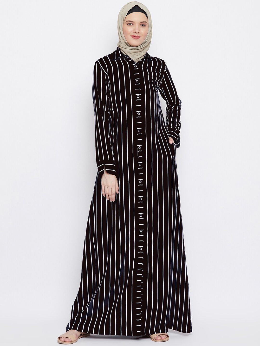 MOMIN LIBAS MOMIN LIBAS Women Black & White Striped Front Open Abaya Burqa