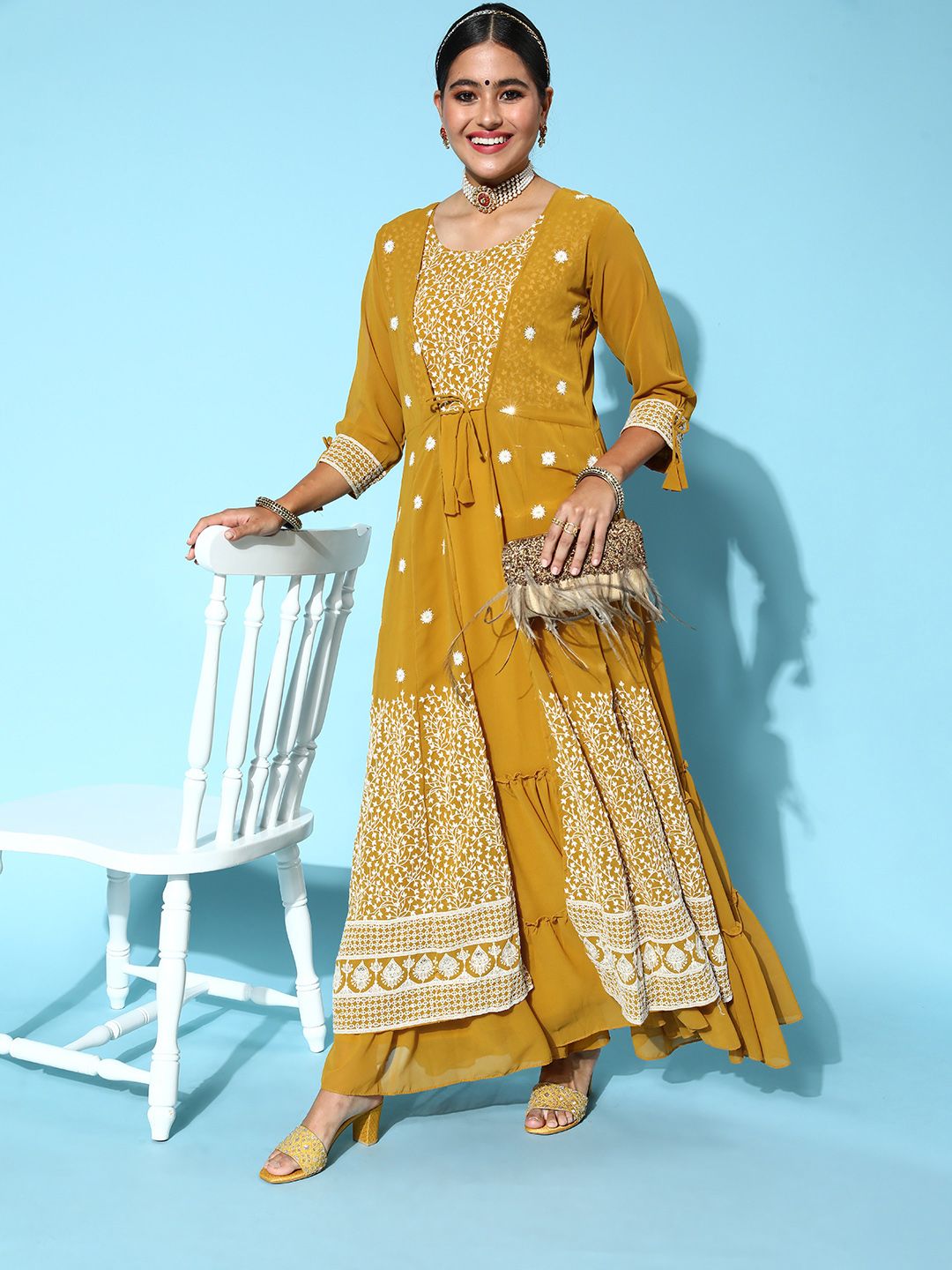 Kvsfab Women Bright Mustard Yellow Georgette Sequins Embroidery Party Wear Gown Price in India