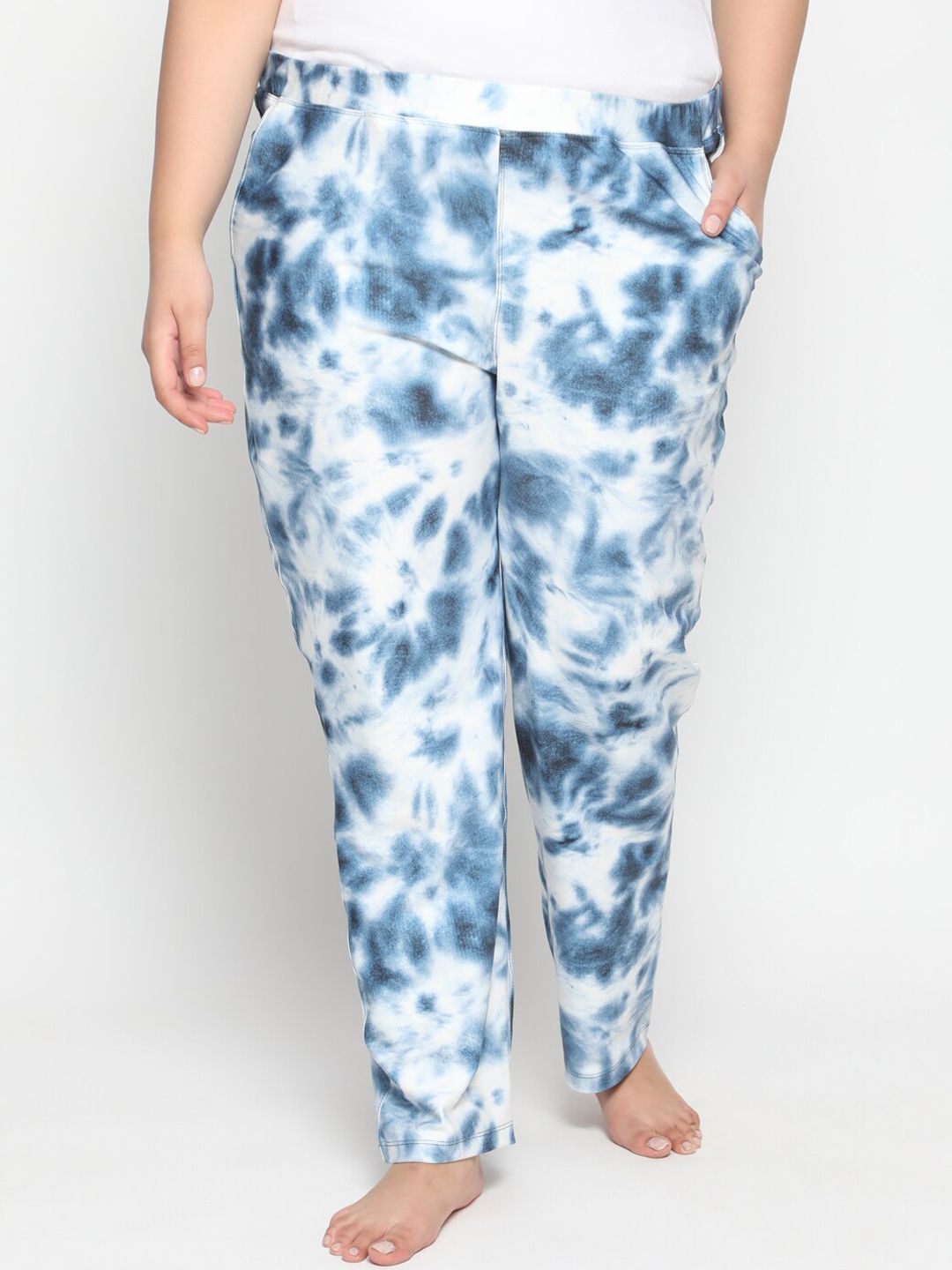 Amydus Women Plus Size Blue & White Tie Dye Printed Lounge Pants Price in India