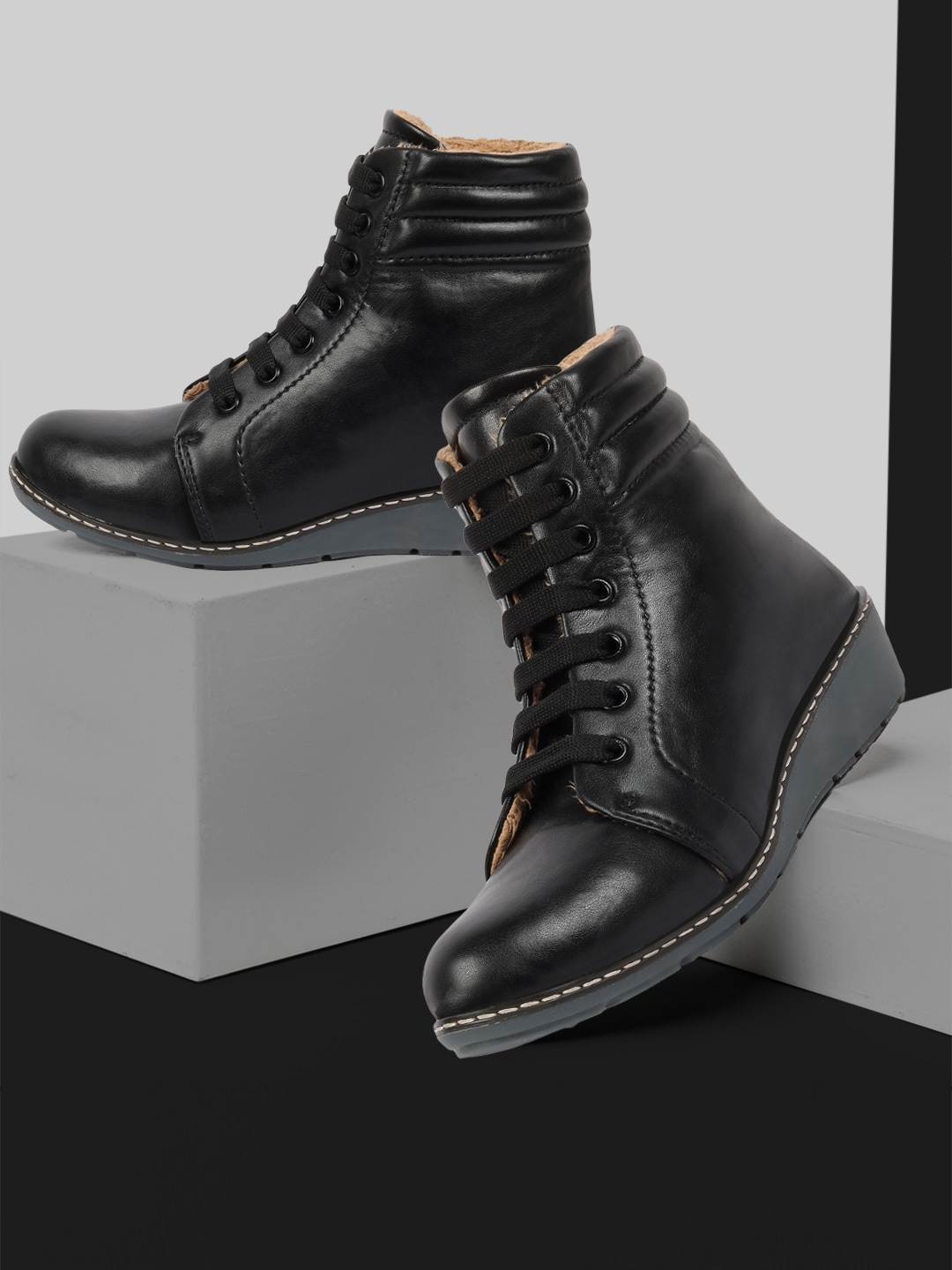 ZAPATOZ Women Black Mid-Top Heeled Boots Price in India