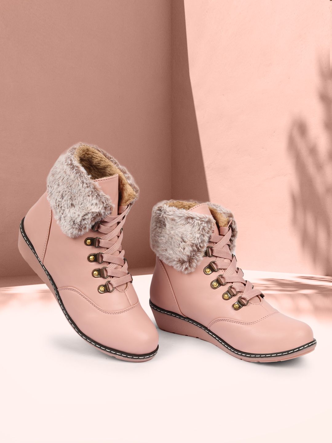 ZAPATOZ Women Pink Solid Heeled Boots With Faux Fur Detail Price in India