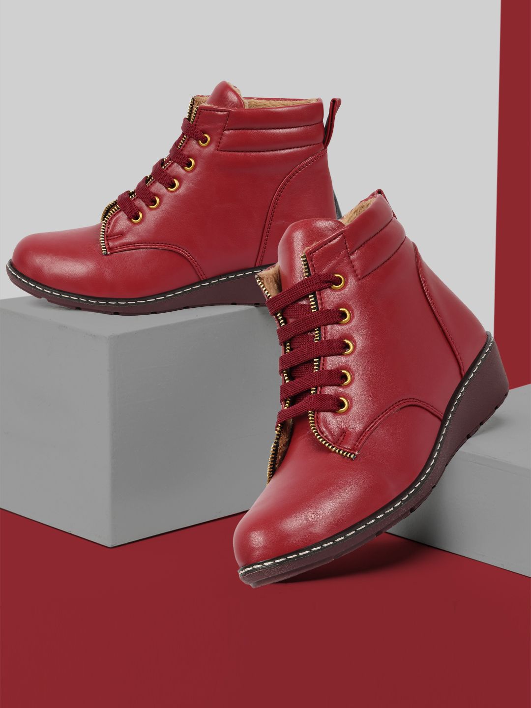ZAPATOZ Red PU Block Heeled Boots Price in India