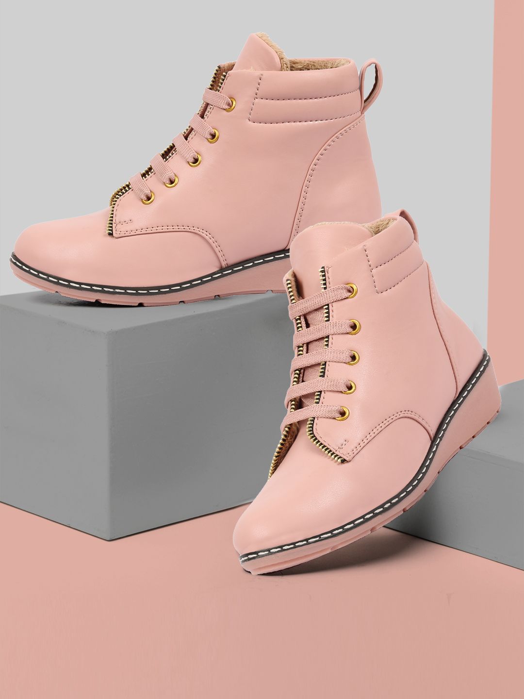 ZAPATOZ Pink Solid PU High-Top Wedge Heeled Boots Price in India