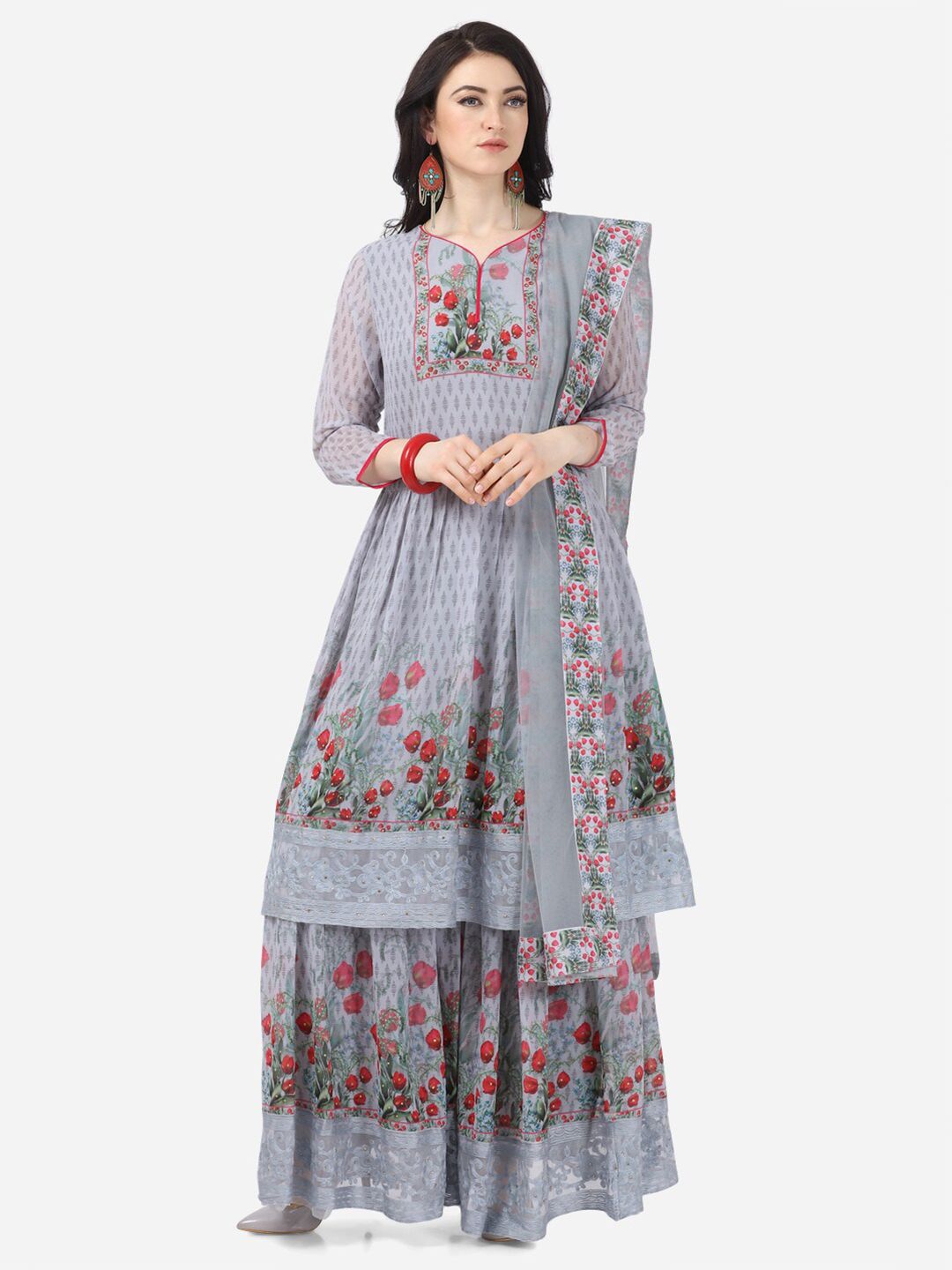 DIVASTRI Grey & Red Printed Poly Georgette Semi-Stitched Dress Material Price in India