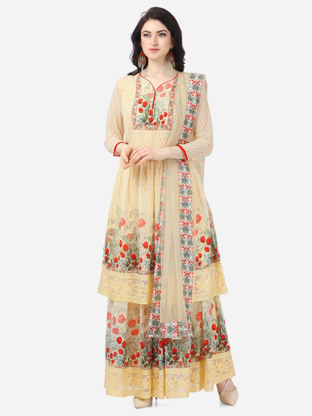DIVASTRI Yellow & Red Printed Poly Georgette Semi-Stitched Dress Material Price in India