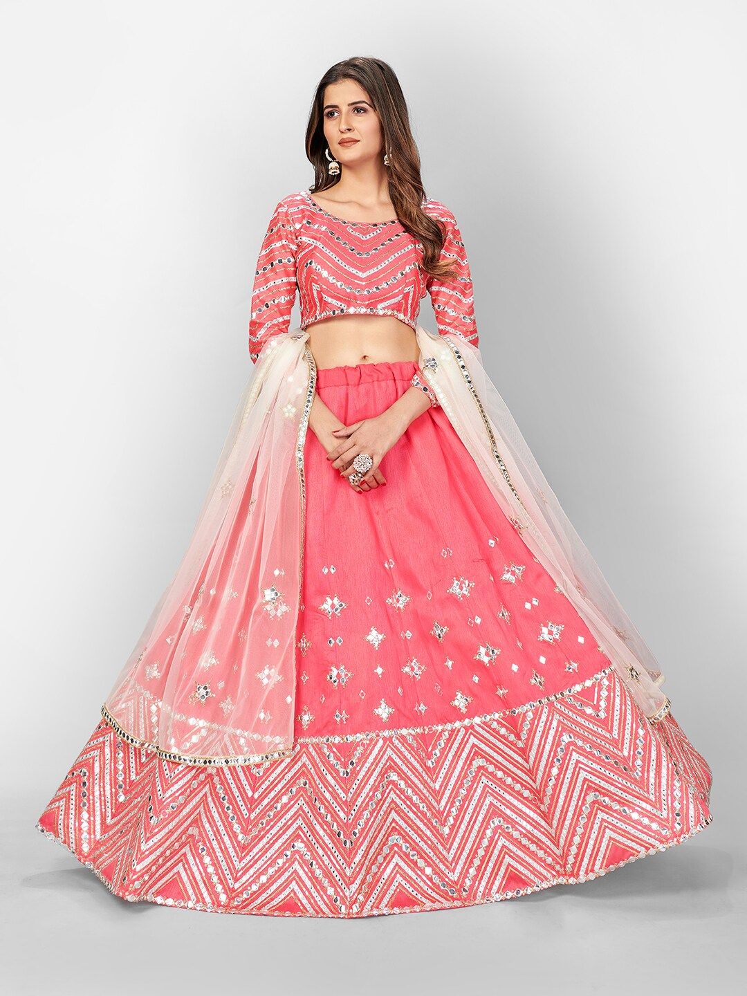 SHOPGARB Pink & Steel Embellished Mirror Work Semi-Stitched Lehenga & Unstitched Blouse With Dupatta Price in India