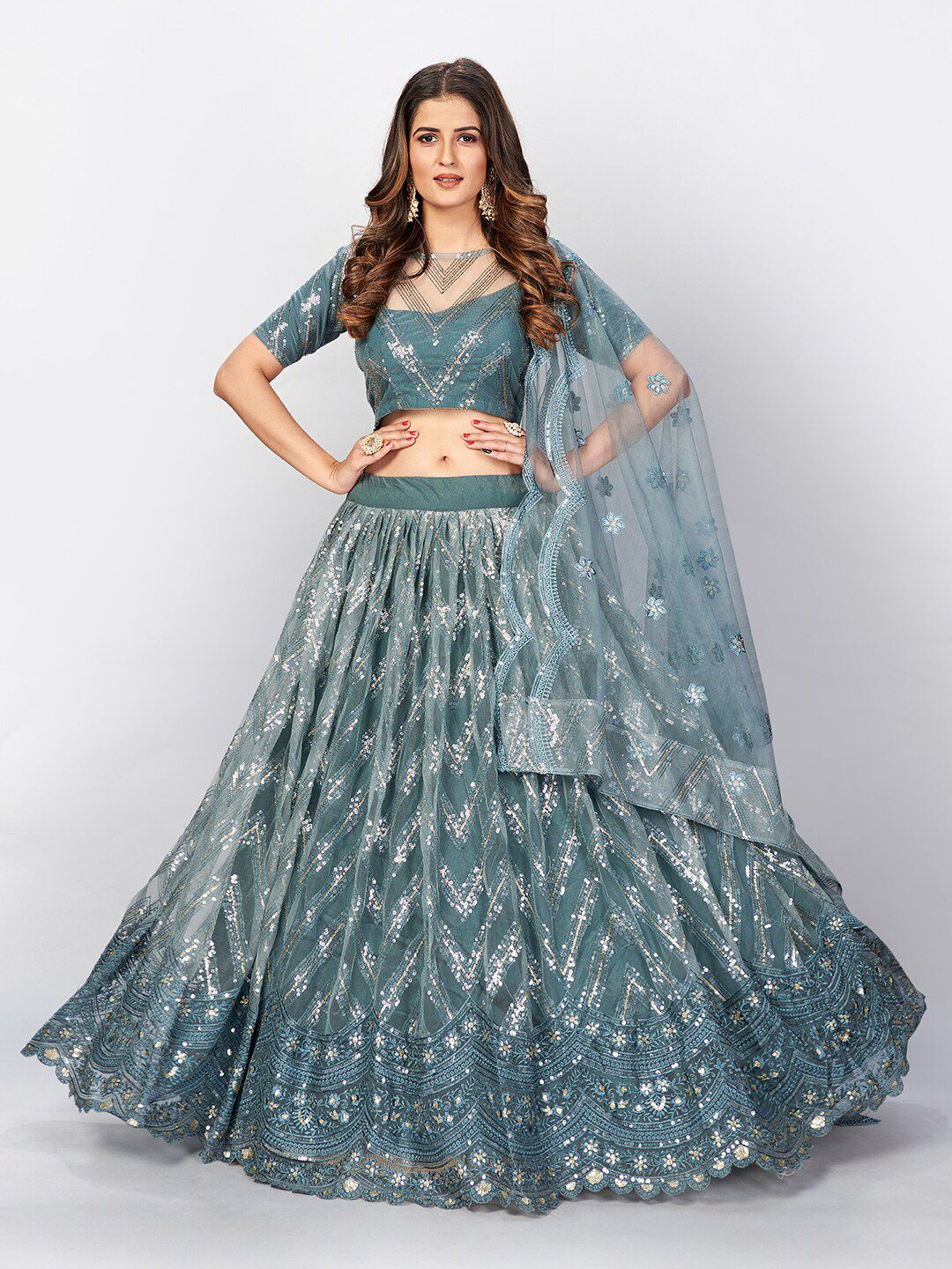 SHOPGARB Grey & Steel Embellished Sequinned Semi-Stitched Lehenga & Unstitched Blouse With Dupatta