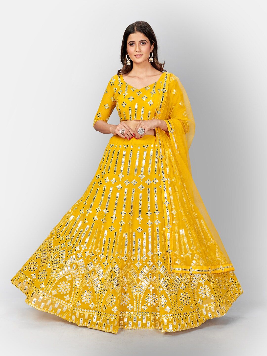 SHOPGARB Yellow & Silver-Toned Embellished Mirror Work Semi-Stitched Lehenga & Unstitched Blouse With Price in India