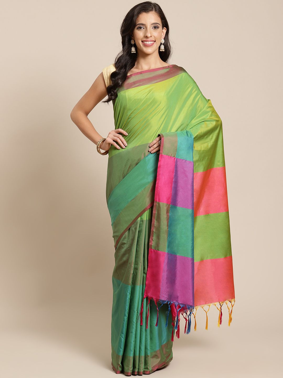 OM SAI LATEST CREATION Women Green & Pink Colourblocked Art Silk Saree