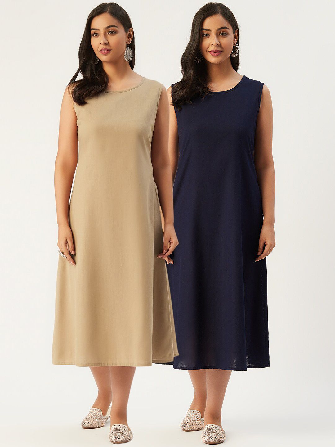 Molcha Women Pack of 2 Navy Blue & Beige A-Line Pure Cotton Midi Dress Price in India