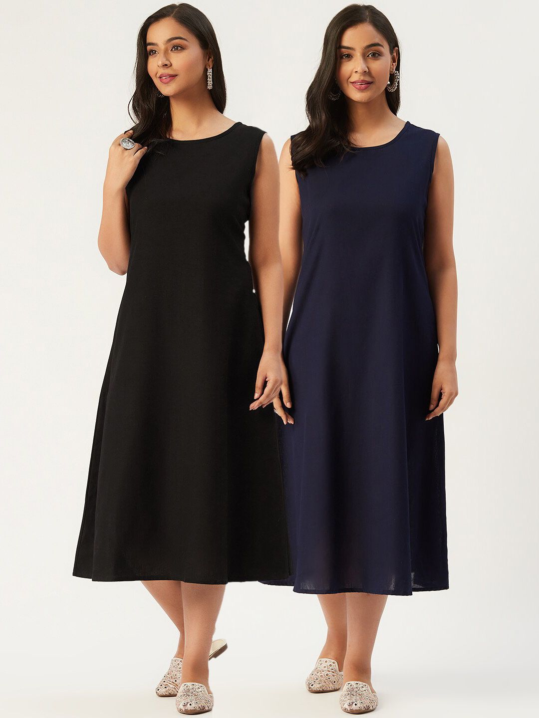 Molcha Women Pack Of 2 Black & Blue A-Line Midi Dress Price in India