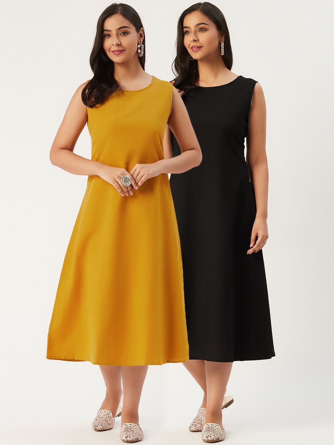 Molcha Women Cotton Black & Mustard Pack Of 2 A-Line Maxi Dress Price in India
