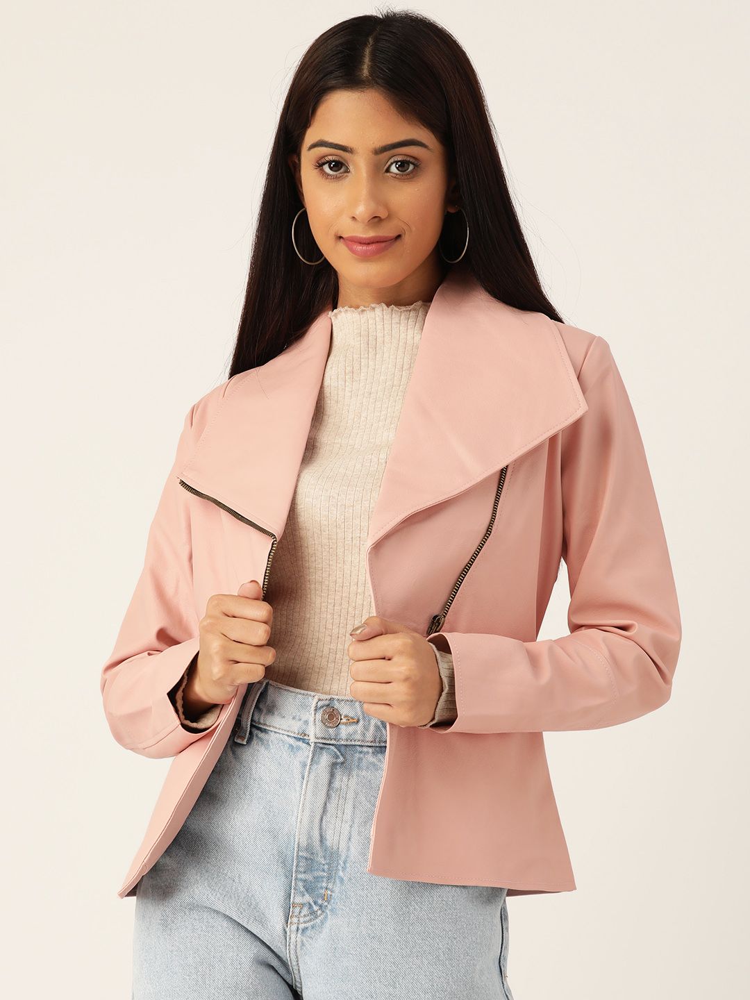 Leather Retail Women Pink Solid Lightweight Biker Jacket Price in India