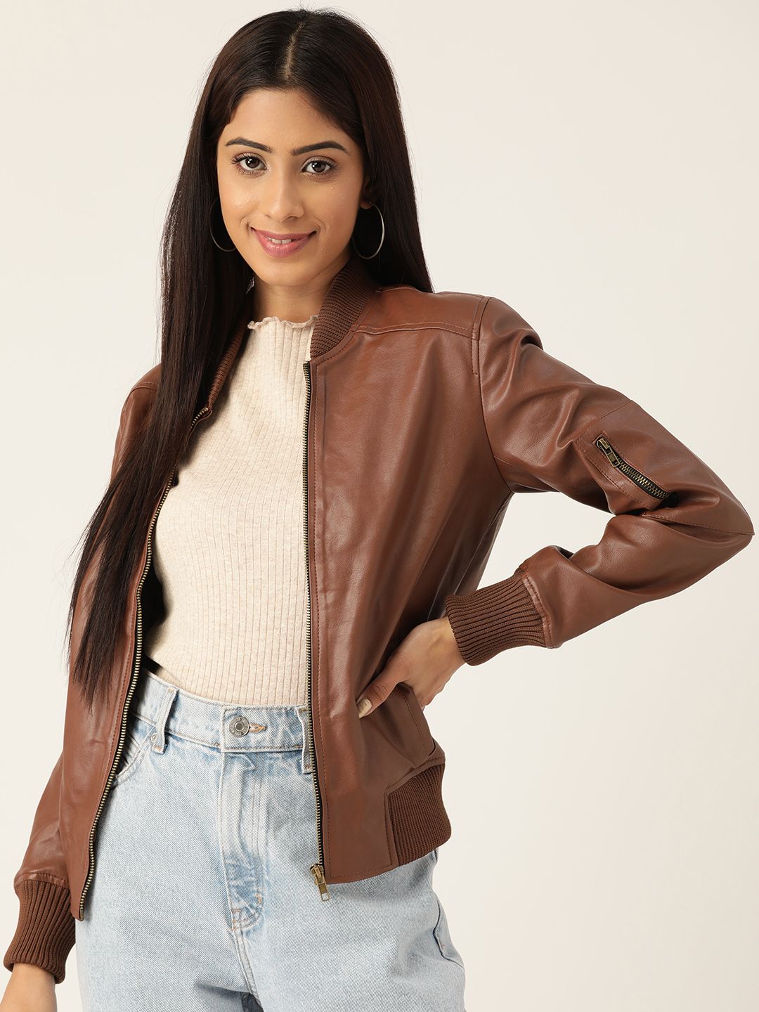 Leather Retail Women Brown Lightweight Bomber Jacket Price in India