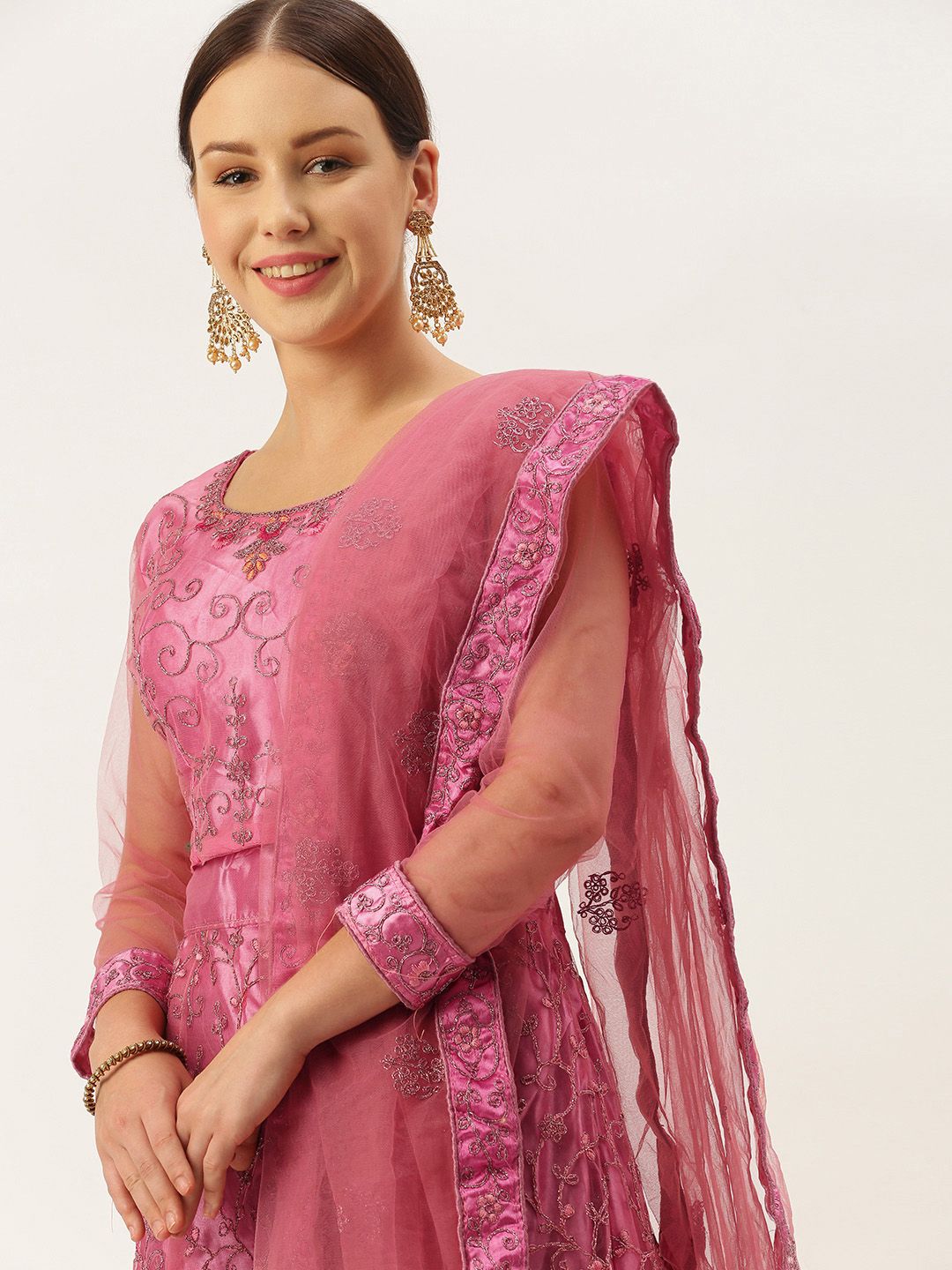 LADUSAA Pink Embroidered Thread Work Semi-Stitched Lehenga Choli