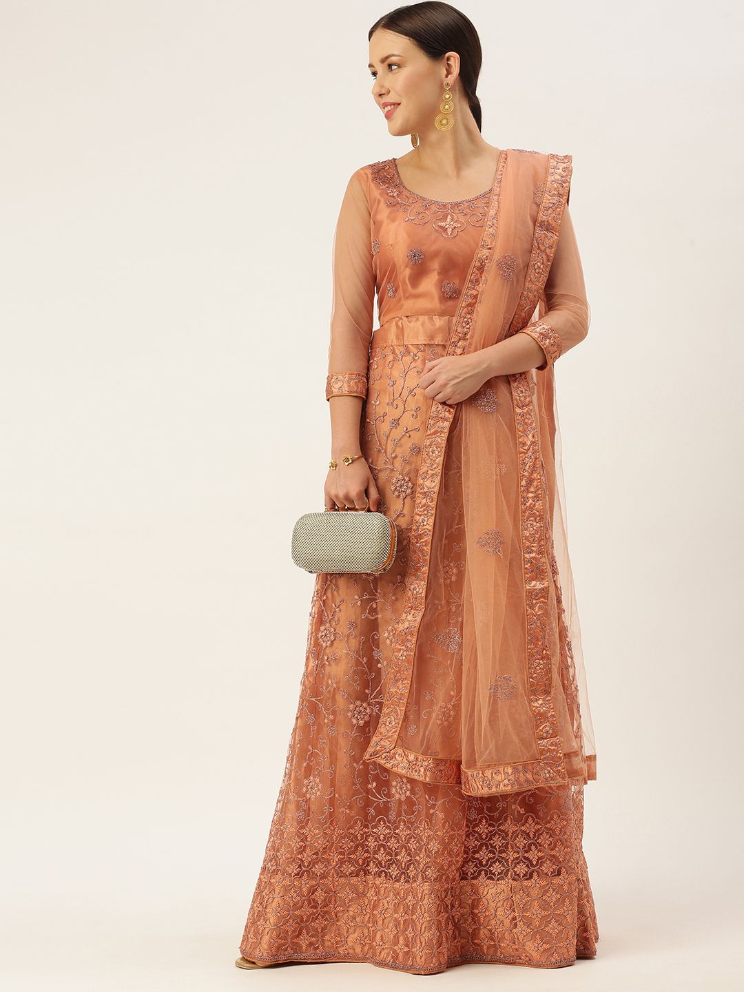 LADUSAA Peach-Coloured Embroidered Thread Work Tie and Dye Semi-Stitched Lehenga & Unstitched Blouse With