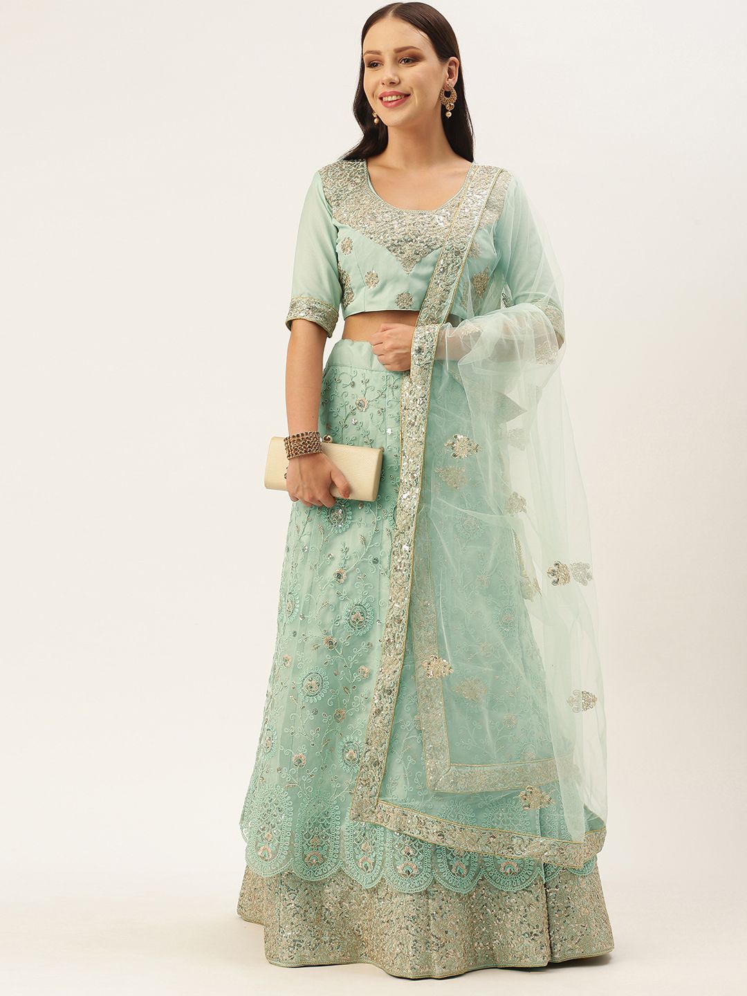 LADUSAA Turquoise Blue Embroidered Sequinned Tie and Dye Semi-Stitched Lehenga & Unstitched Blouse With Price in India