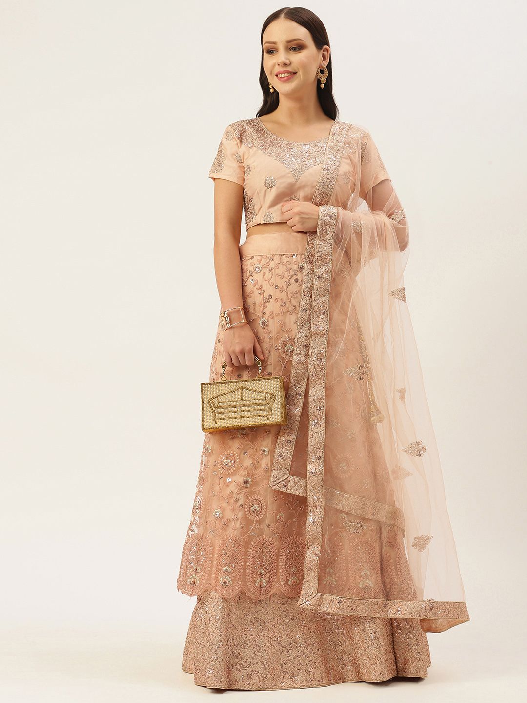 LADUSAA Peach-Coloured Embroidered Sequinned Tie and Dye Semi-Stitched Lehenga & Unstitched Blouse With Price in India