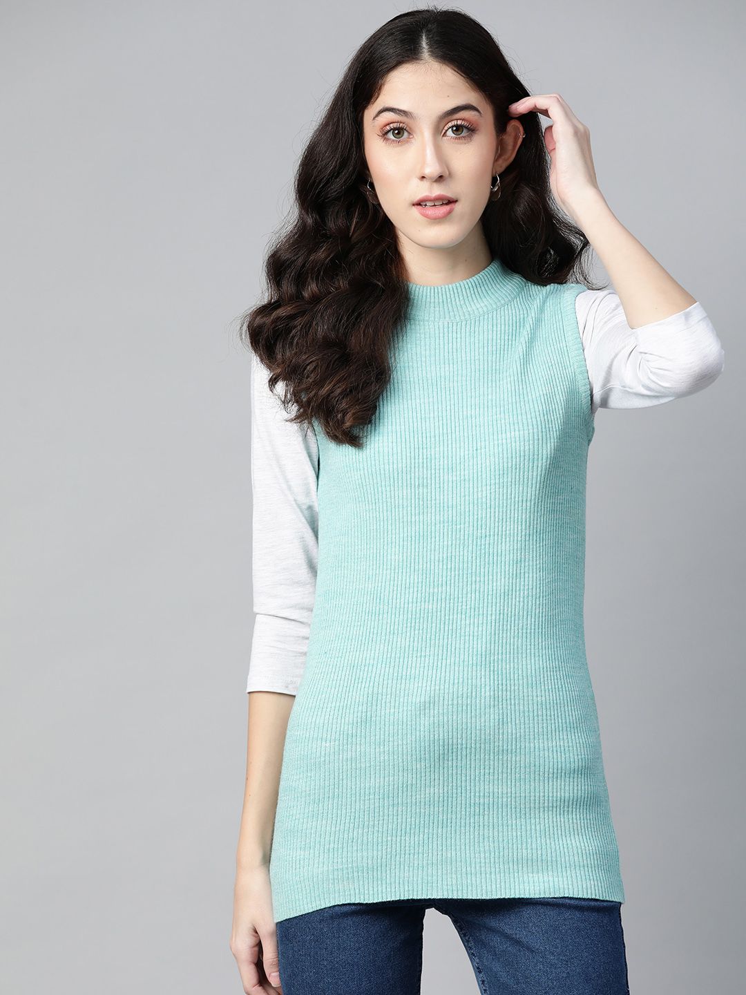PICOT Women Turquoise Blue Ribbed Pullover Price in India
