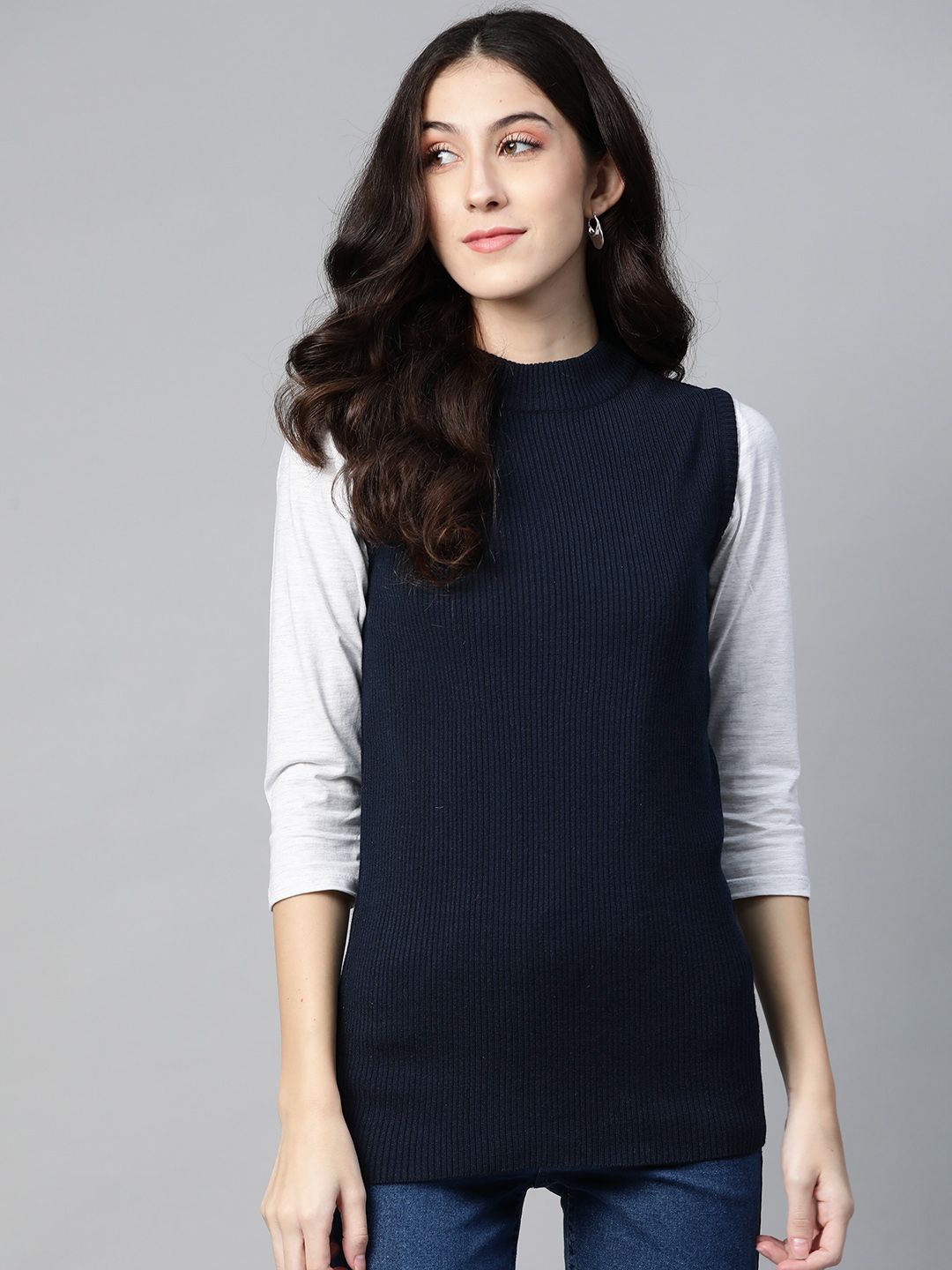 PICOT Women Navy Blue Ribbed Pullover Price in India