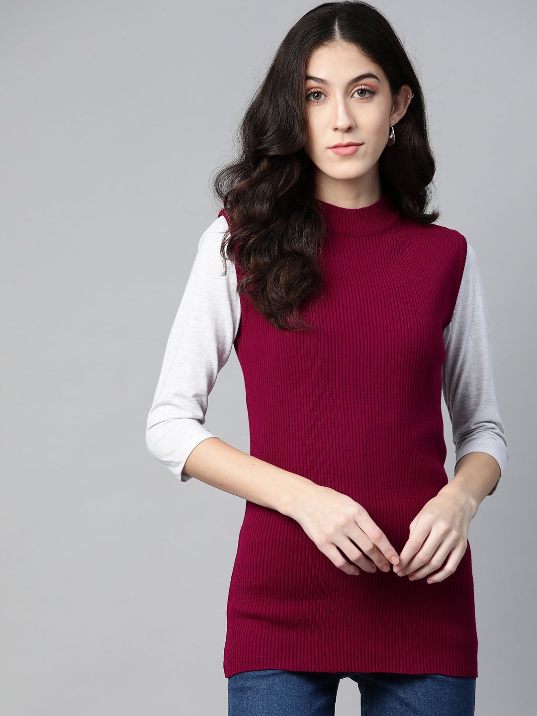 PICOT Women Burgundy Ribbed Pullover Price in India