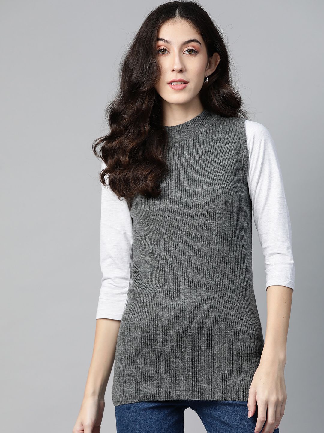 PICOT Women Charcoal Grey Ribbed Pullover Price in India