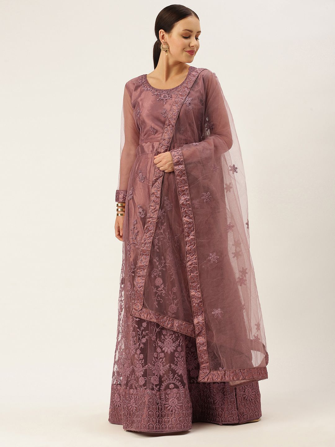 LADUSAA Violet Embroidered Thread Work Tie and Dye Semi-Stitched Lehenga & Unstitched Blouse With Dupatta Price in India