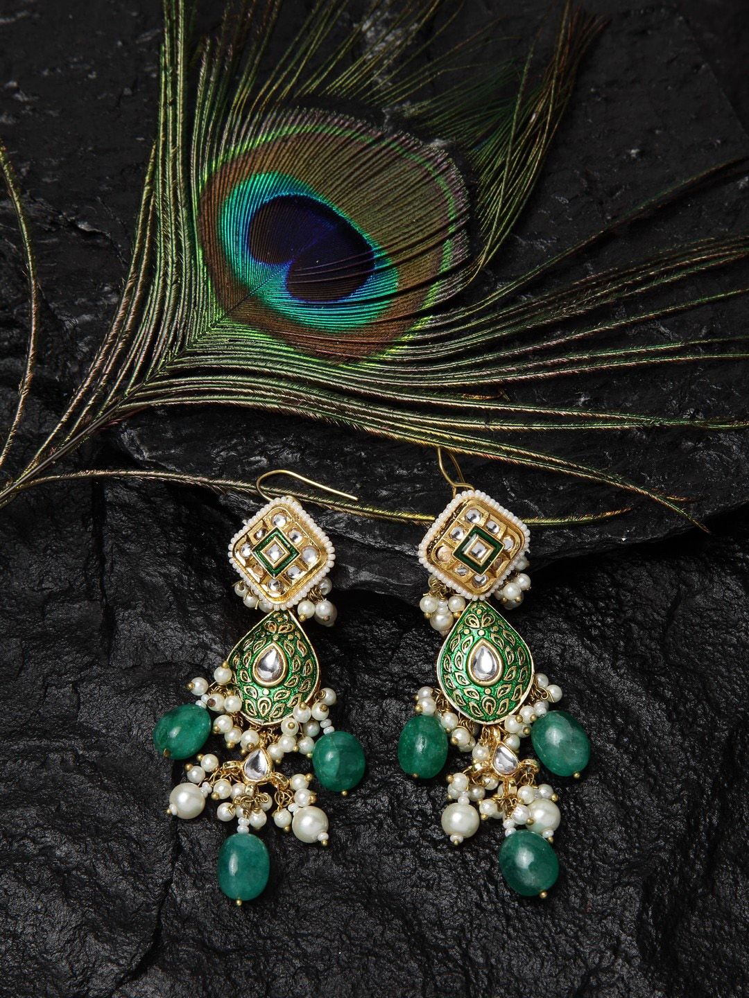 DUGRISTYLE Women Gold-Toned & Green Pearls Classic Jhumkas Earrings Price in India