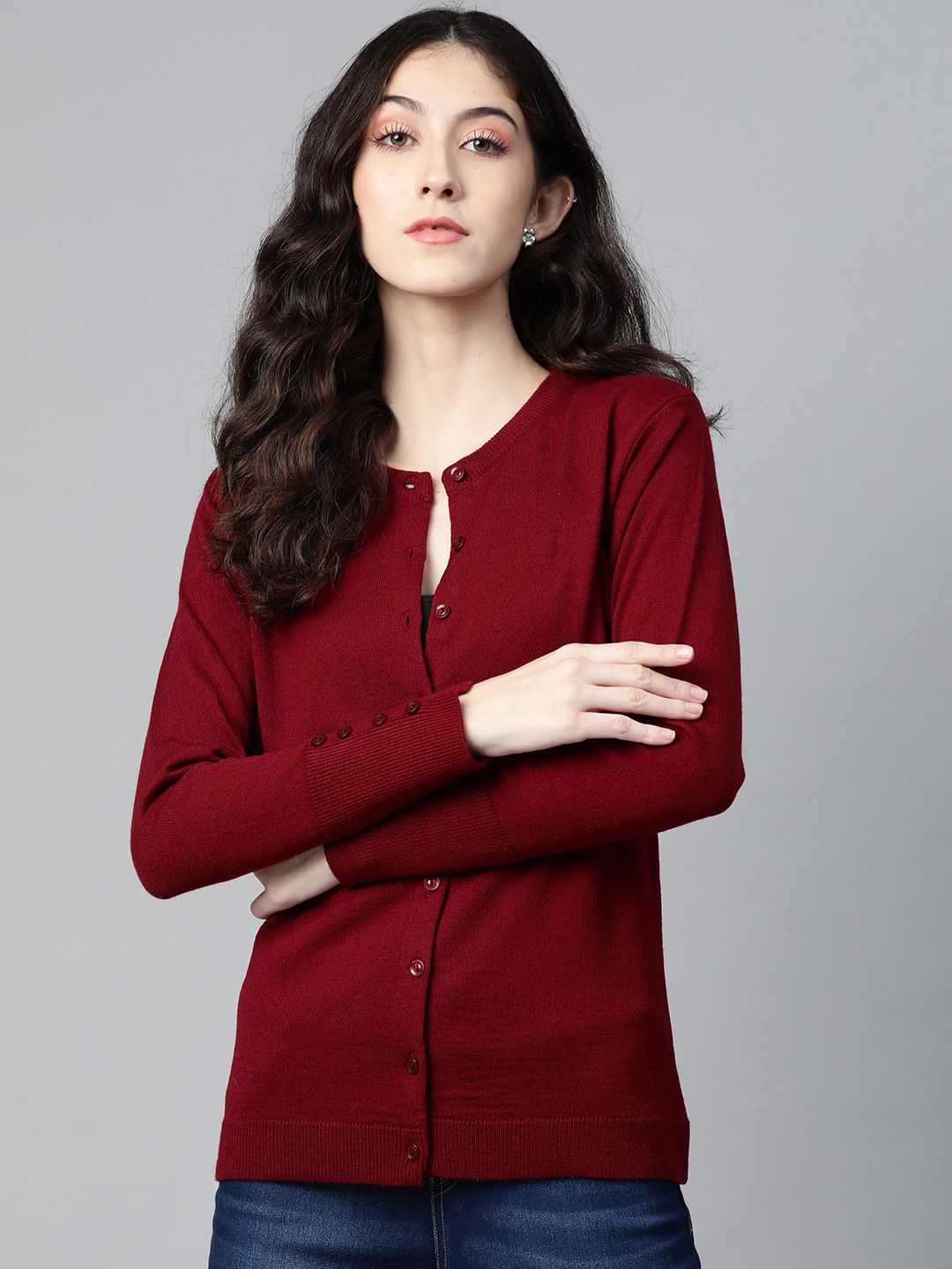 PICOT Women Maroon Solid Cardigan Price in India