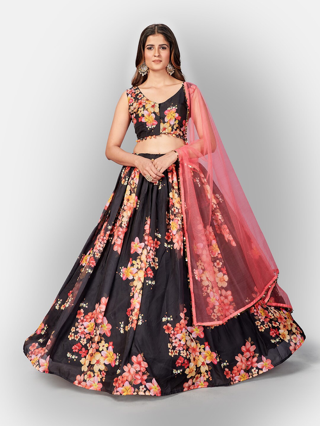 SHOPGARB Black & Pink Printed Semi-Stitched Lehenga & Unstitched Blouse With Dupatta Price in India