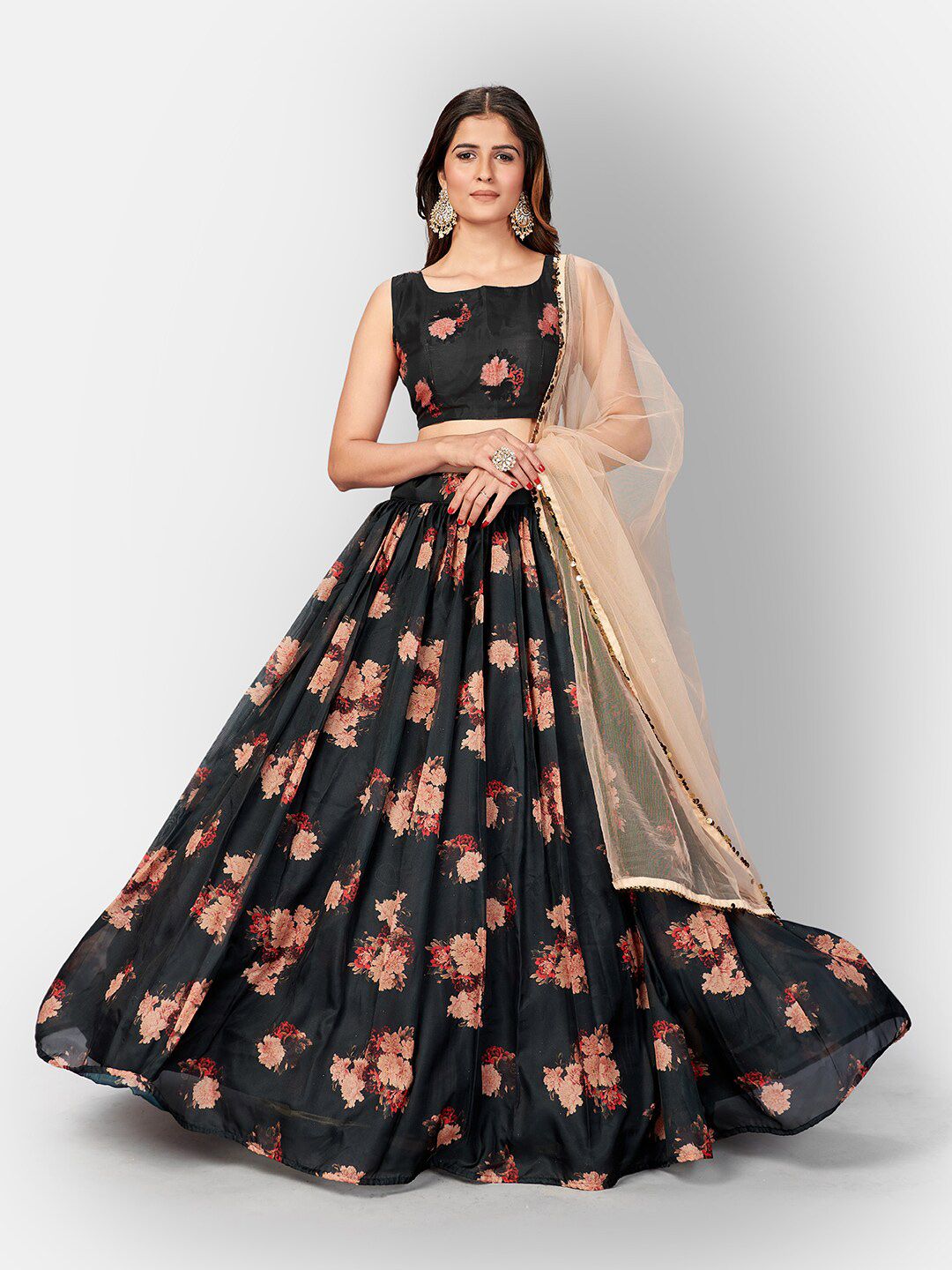 SHOPGARB Black & Pink Printed Semi-Stitched Lehenga & Unstitched Blouse With Dupatta Price in India