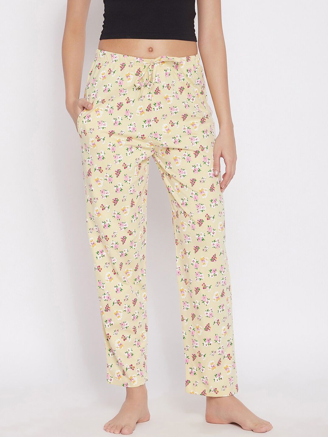 C9 Airwear Women Cream-Coloured & Red Floral Printed Pure Cotton Lounge Pants Price in India