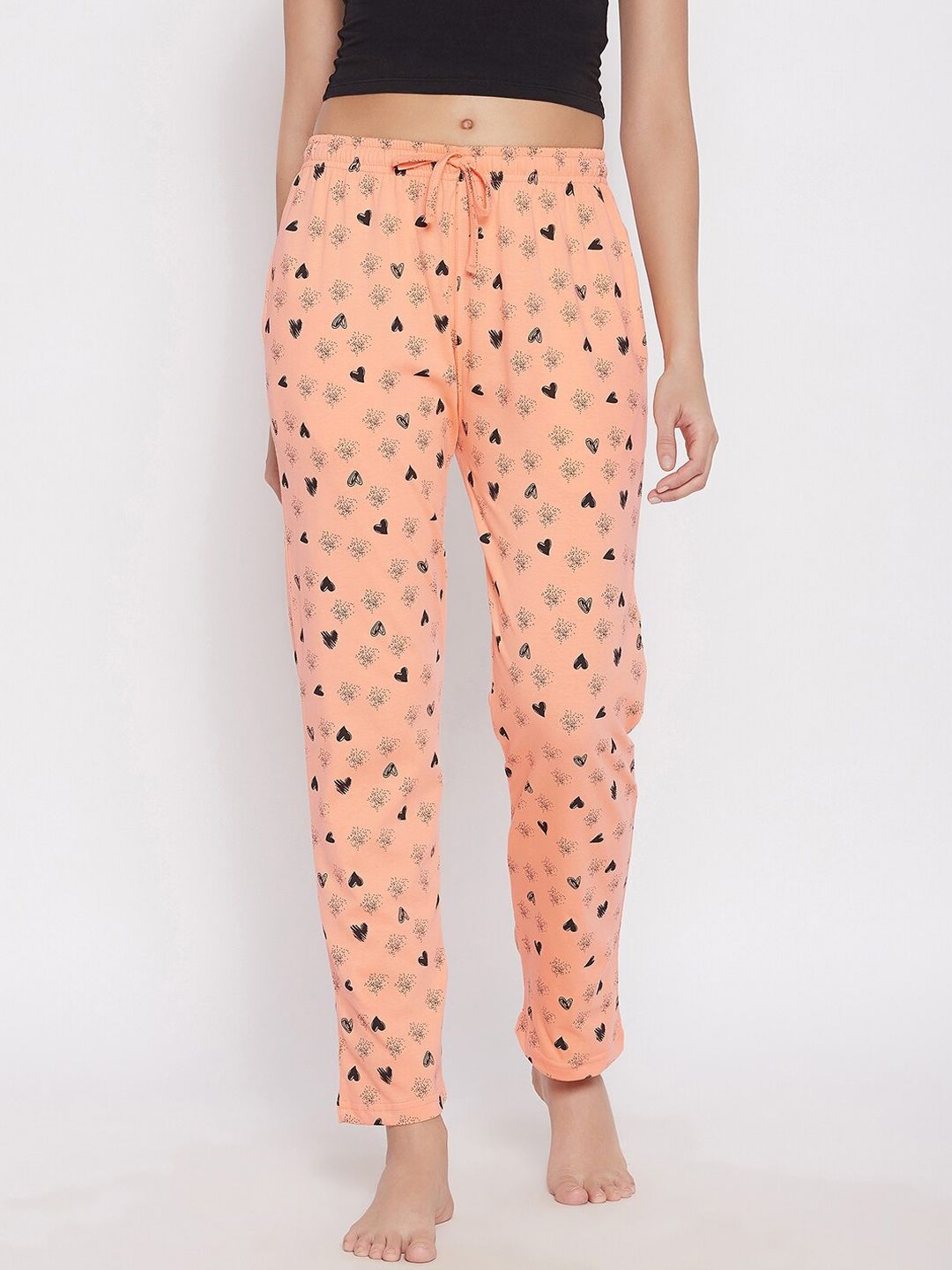 C9 AIRWEAR Women Peach Coloured & Black Heart Print Pure Cotton Lounge Pants Price in India