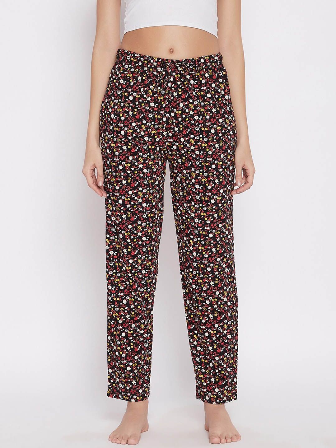 C9 Airwear Women Black & Pink Floral Printed Pure Cotton Lounge Pants Price in India