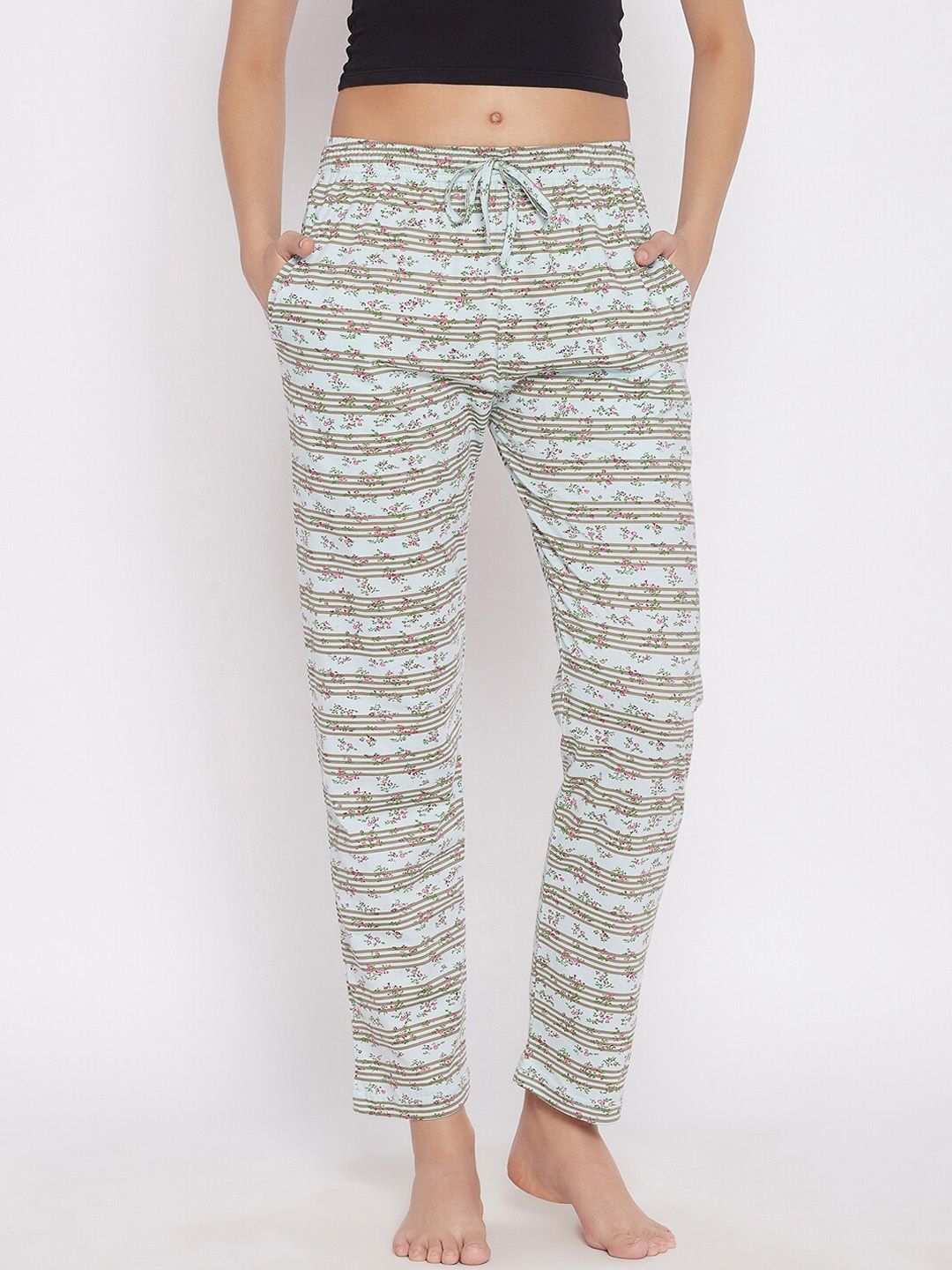 C9 AIRWEAR Women Mint Green Pure Cotton Floral Print Lounge Pants Price in India