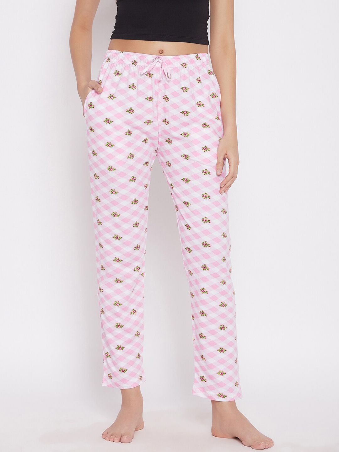 C9 AIRWEAR Women Pink & White Pure Cotton Regular Fit Printed Lounge Pants Price in India