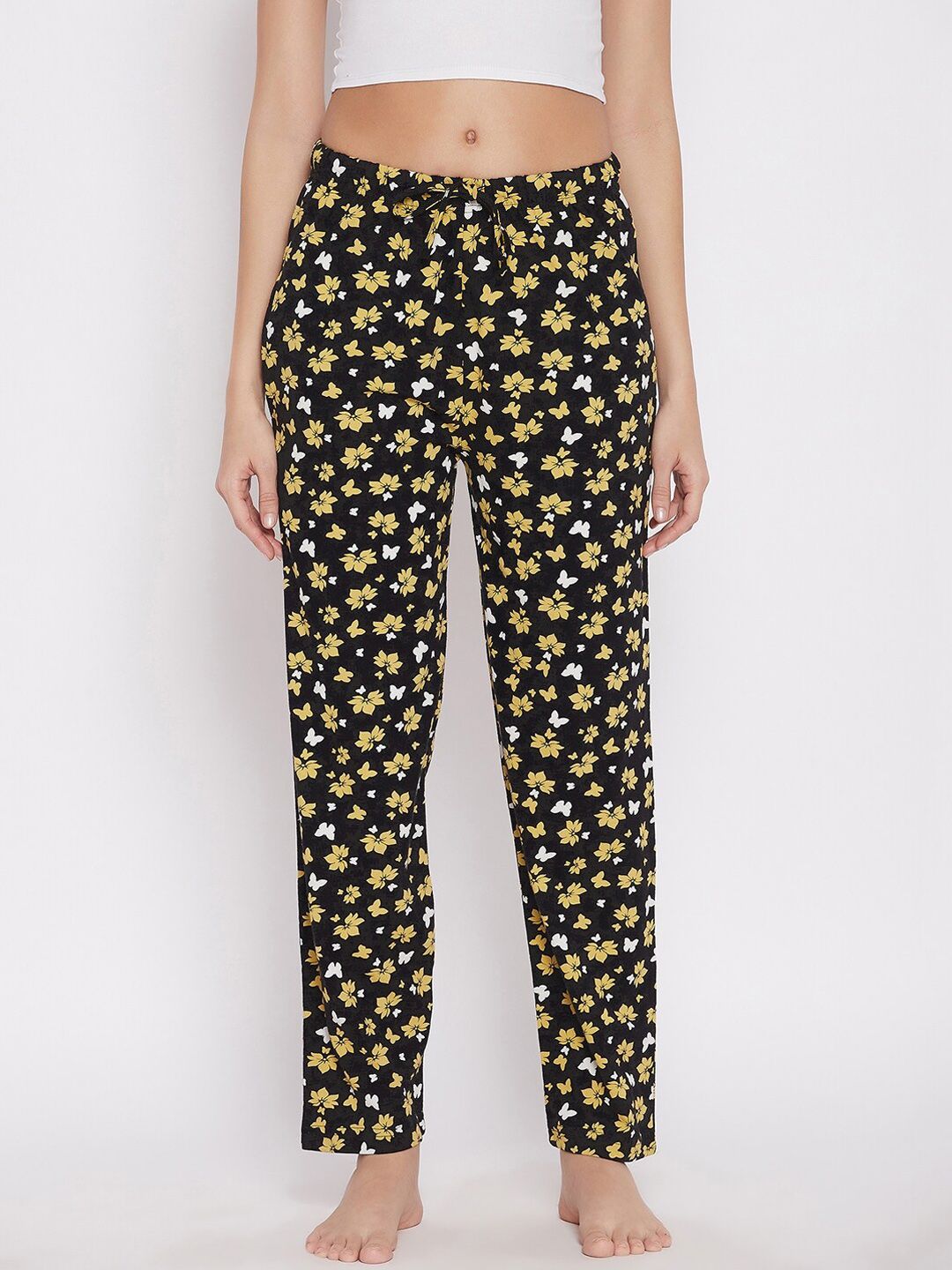 C9 Airwear Women Black Pure Cotton Regular Fit Floral Printed Lounge Pants Price in India