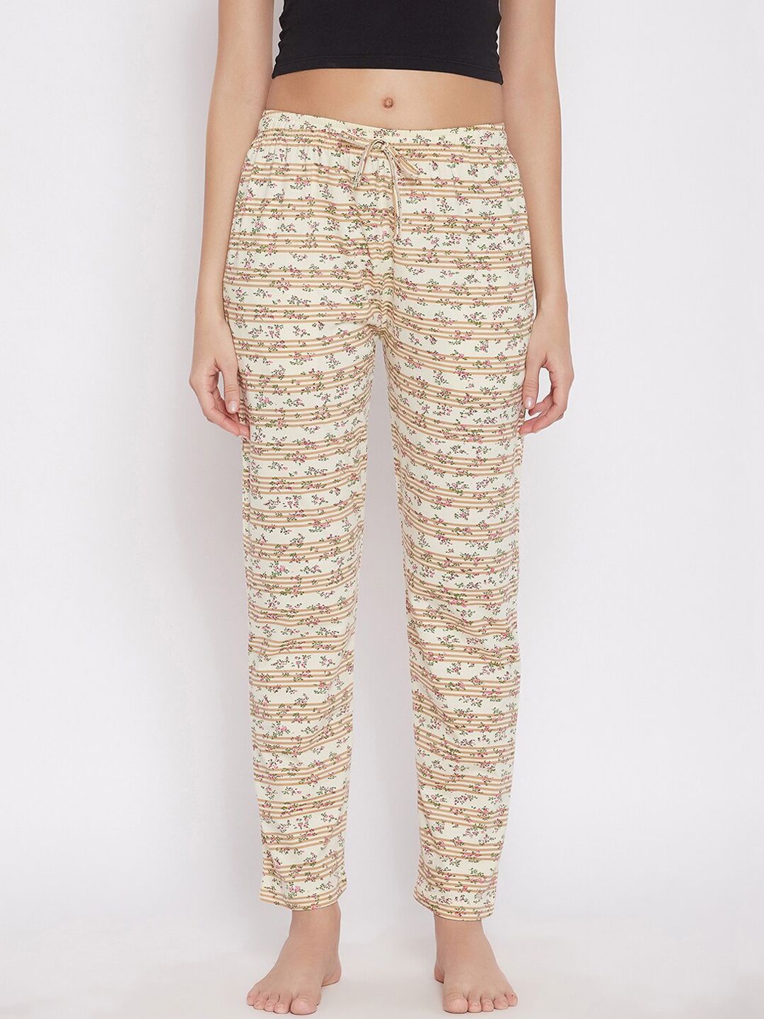 C9 Airwear Women Off-White & Beige Pure Cotton Regular Fit Floral Printed Lounge Pants Price in India