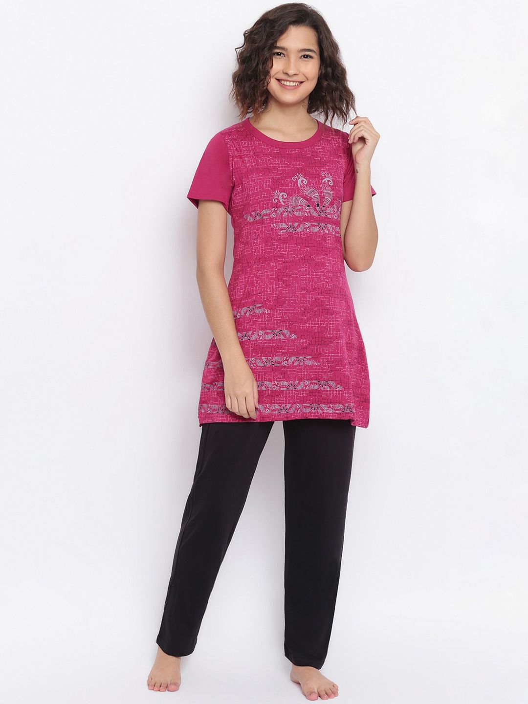 Duchess Women Pink & Black Printed Night Suit Price in India