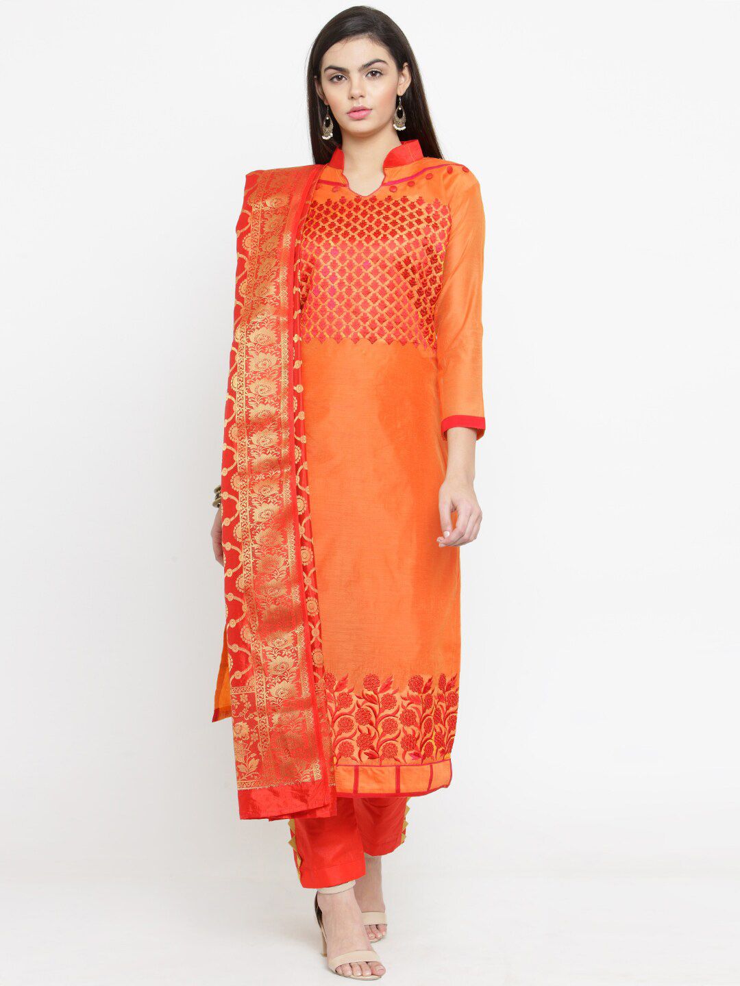 DIVASTRI Women Orange & Gold-Toned Embroidered Unstitched Dress Material Price in India