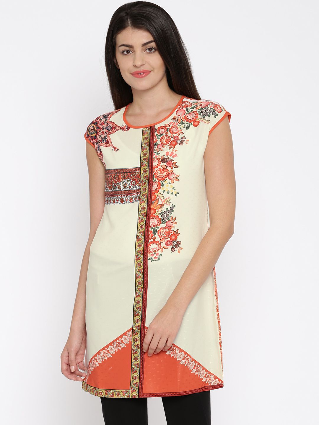 Fusion Beats Off-White & Orange Printed Tunic Price in India