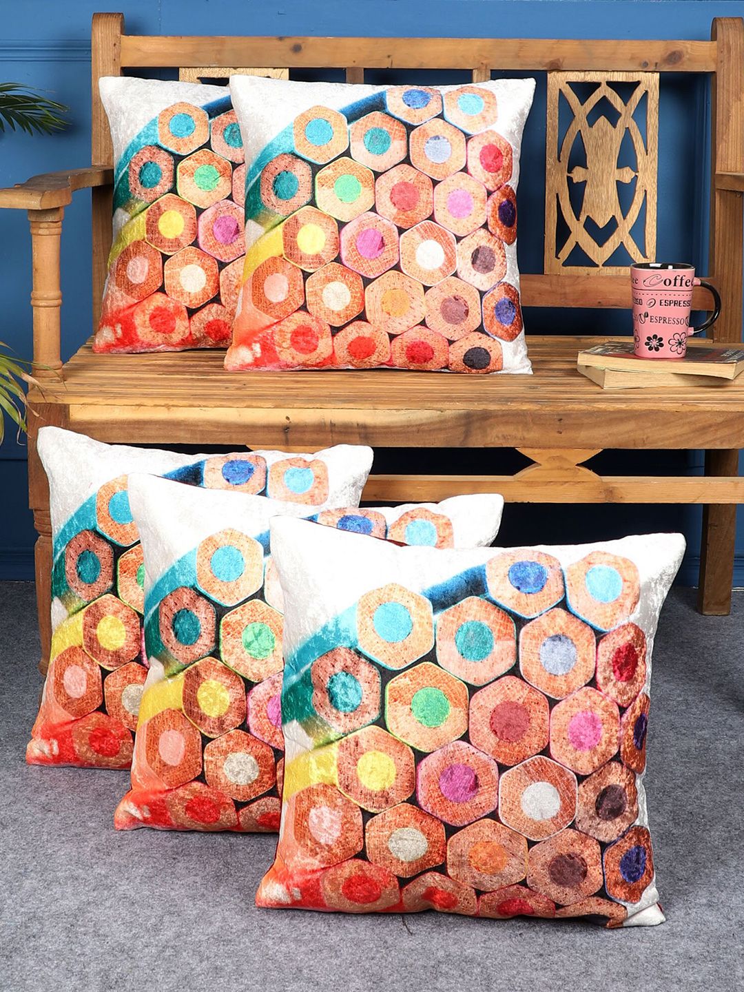 MFD HOME FURNISHING White & Red Set of 5 Geometric Square Cushion Covers Price in India