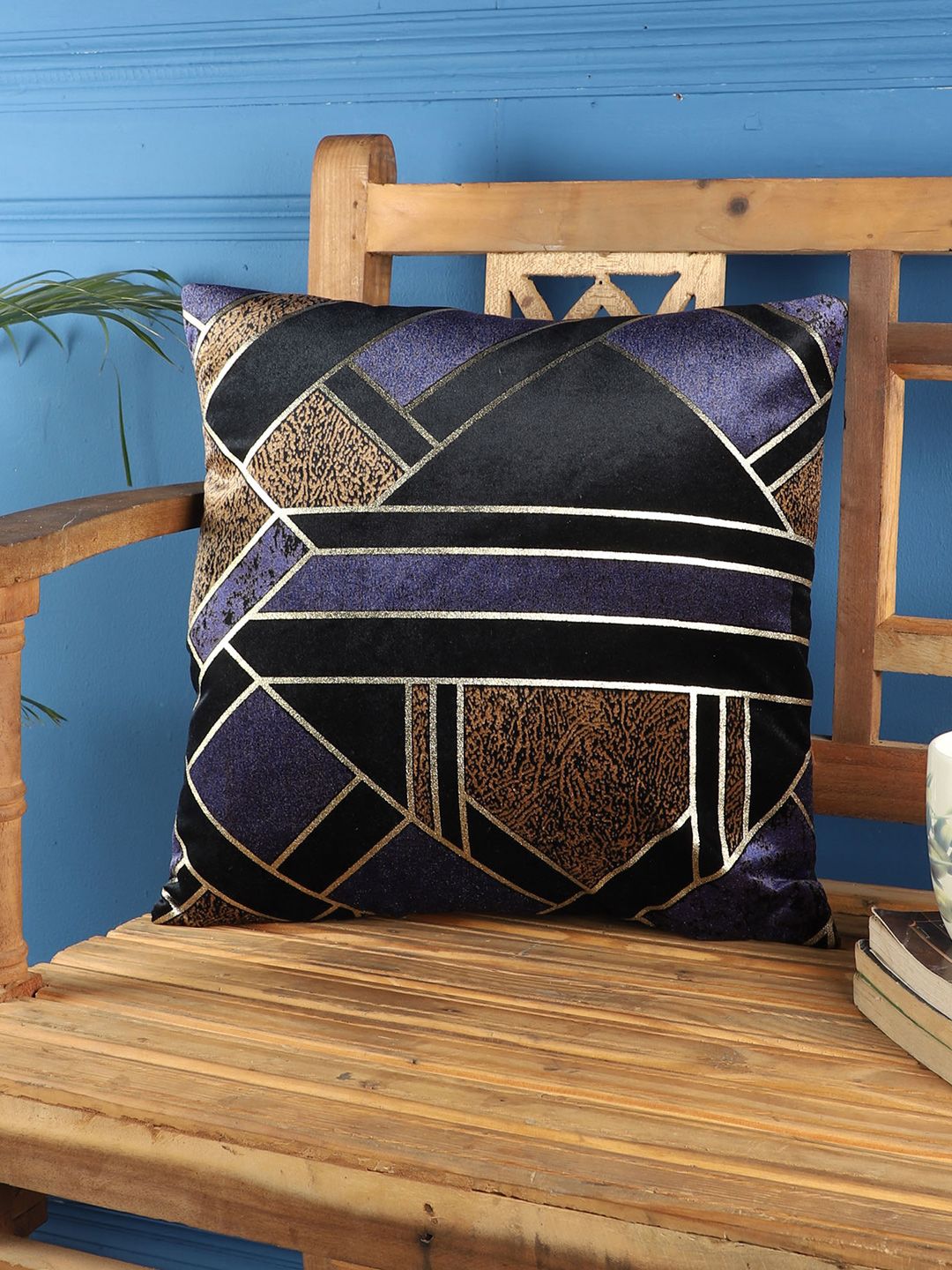 MFD HOME FURNISHING Navy Blue & Black Geometric Square Cushion Covers Price in India
