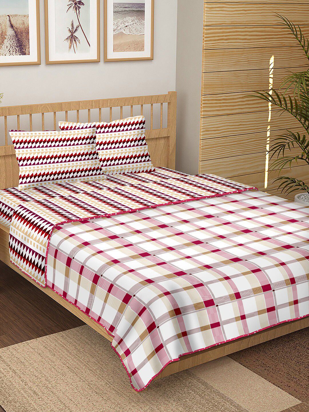 BELLA CASA Pink & White Printed Double King Pure Cotton 4-Piece Bedding Set Price in India