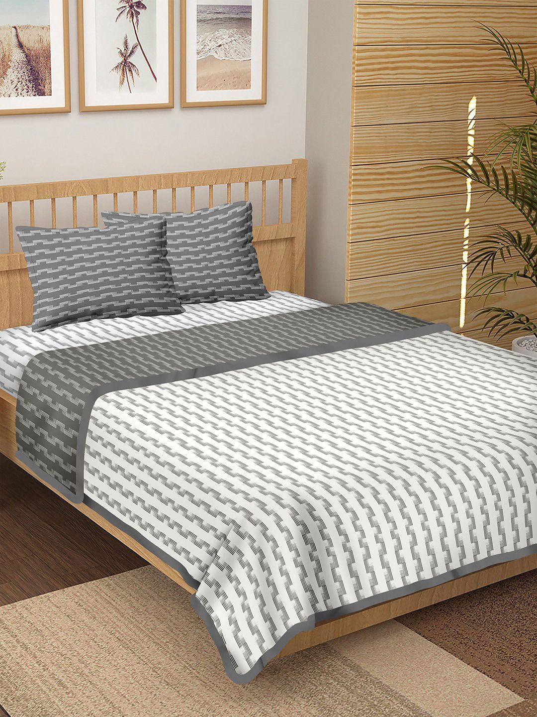 BELLA CASA White & Grey Striped Pure Cotton Double King 4-Piece Bedding Set Price in India