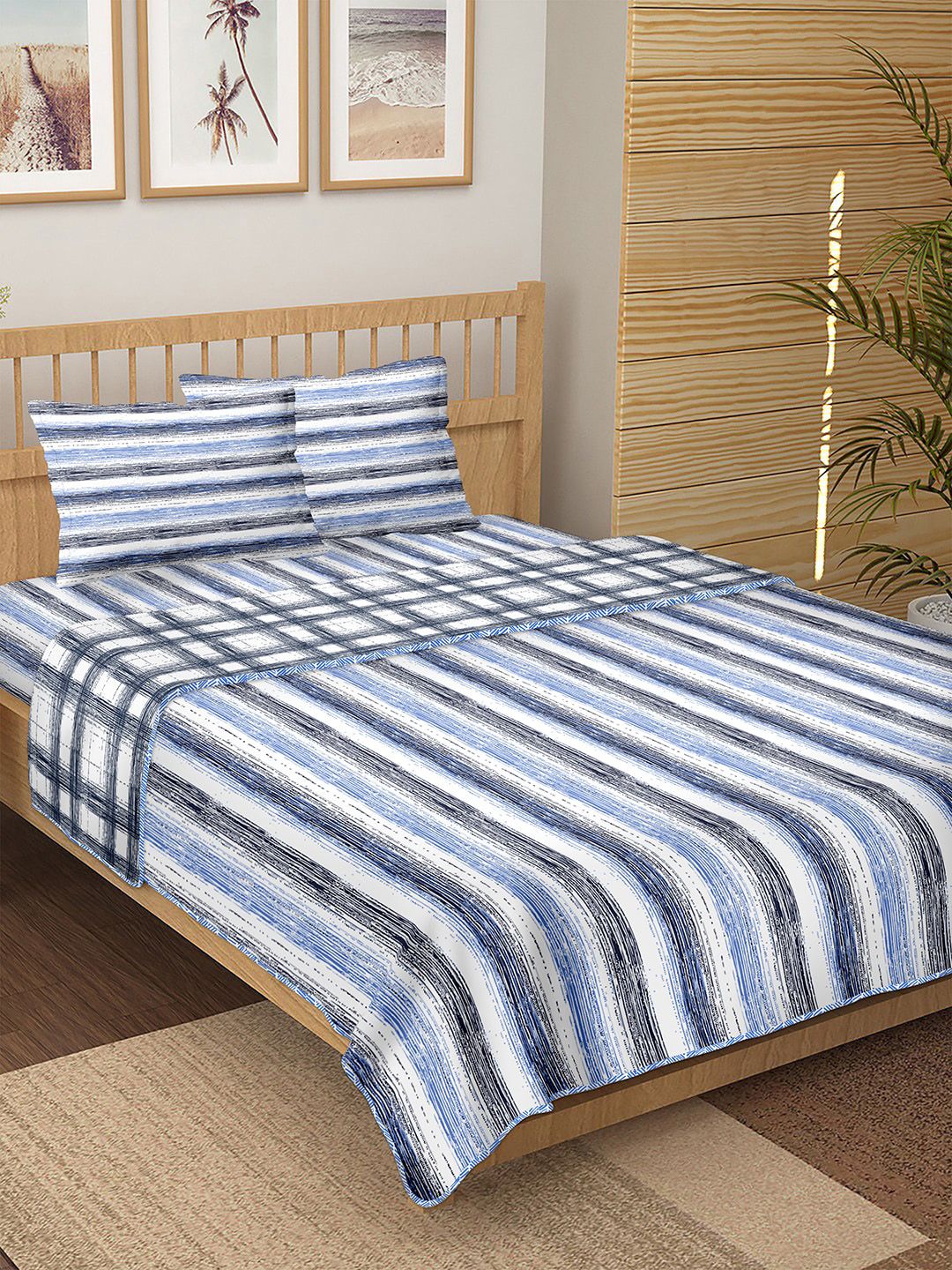 BELLA CASA White & Blue Striped Pure Cotton Double King 4-Piece Bedding Set Price in India