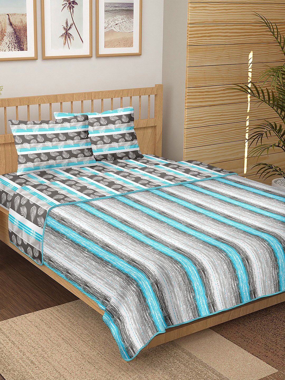 BELLA CASA Turquoise Blue & Grey Floral Printed Pure Cotton Double King 4-Piece Bedding Set Price in India