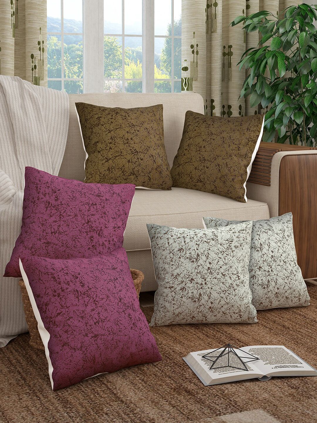Story@home Beige & Olive Green Set of 6 Abstract Square Cushion Covers Price in India
