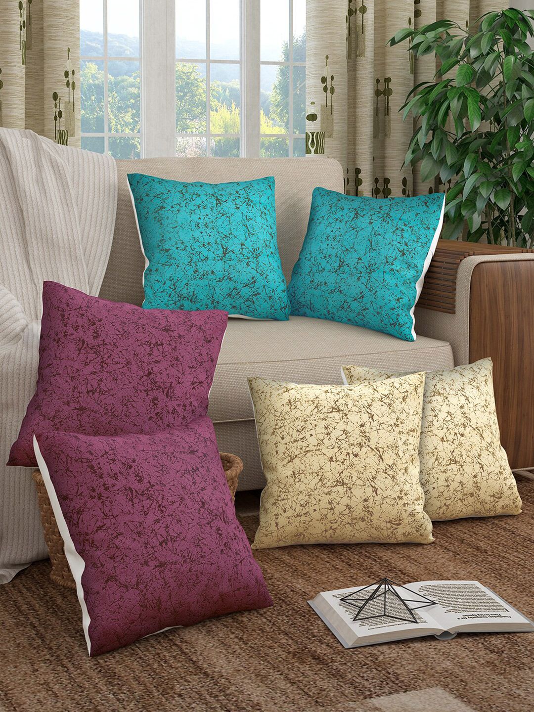 Story@home Cream-Coloured & Purple Set of 6 Abstract Square Cushion Covers Price in India